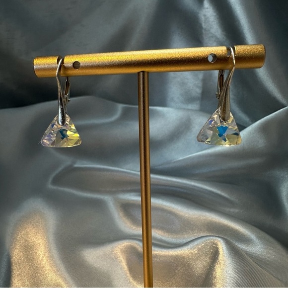 Sterling Silver Triangle Drop Earrings – Swarovski Elements, AB Finish - Picture 4 of 10